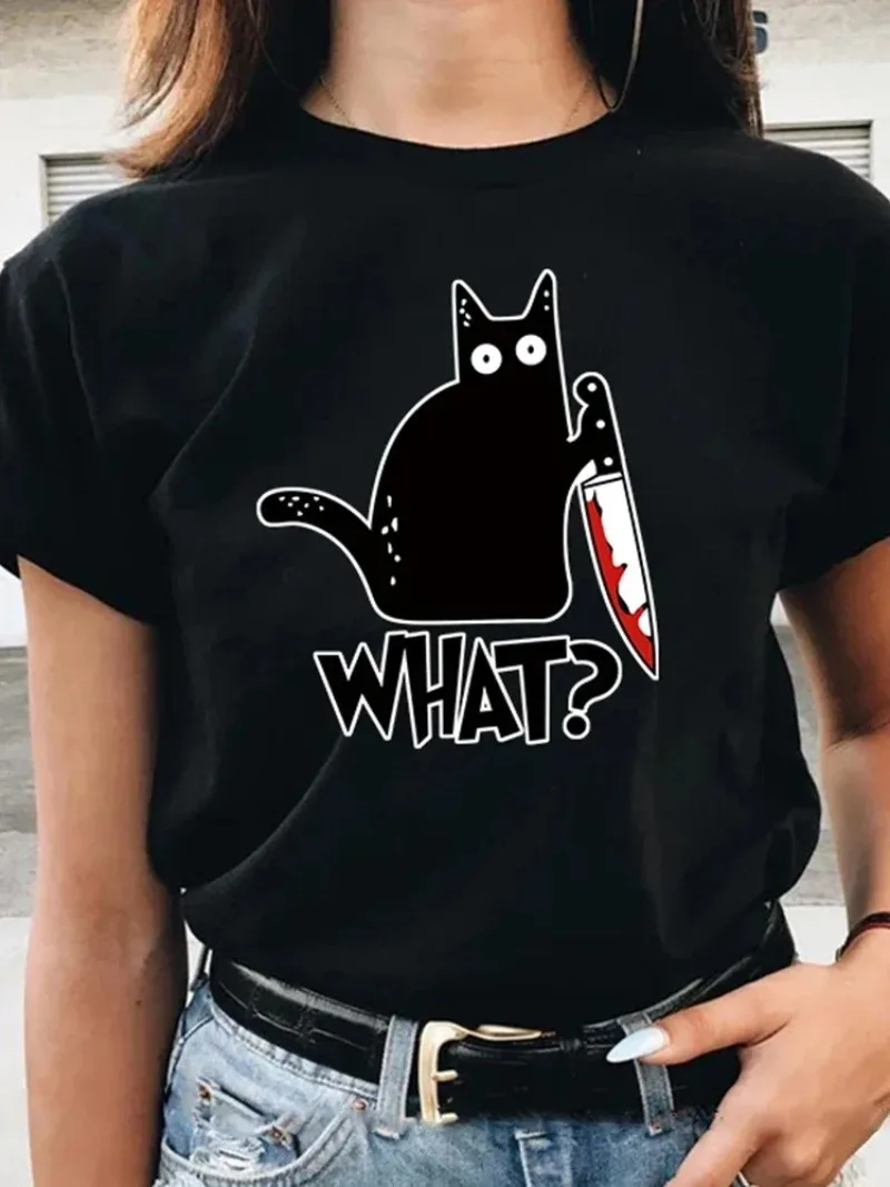 Fashion Tee Shirts Woman T-Shirt Little Black Cat And Knife Women's T-Shirts Hip Hop Harajuku T Shirts For Woman Short Sleeve