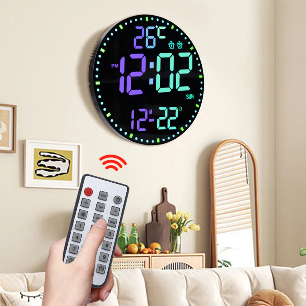 

Led Digital Electronic Clock 12 inch intelligent remote control wall clock RGB colorful silent snooze alarm clock