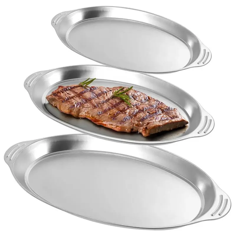 3Pcs Oval Serving Platters Food-Safe Metal Serving Tray Large Sizzling Platter Handled Waiter'S Tray Matte Brushed Food Tray