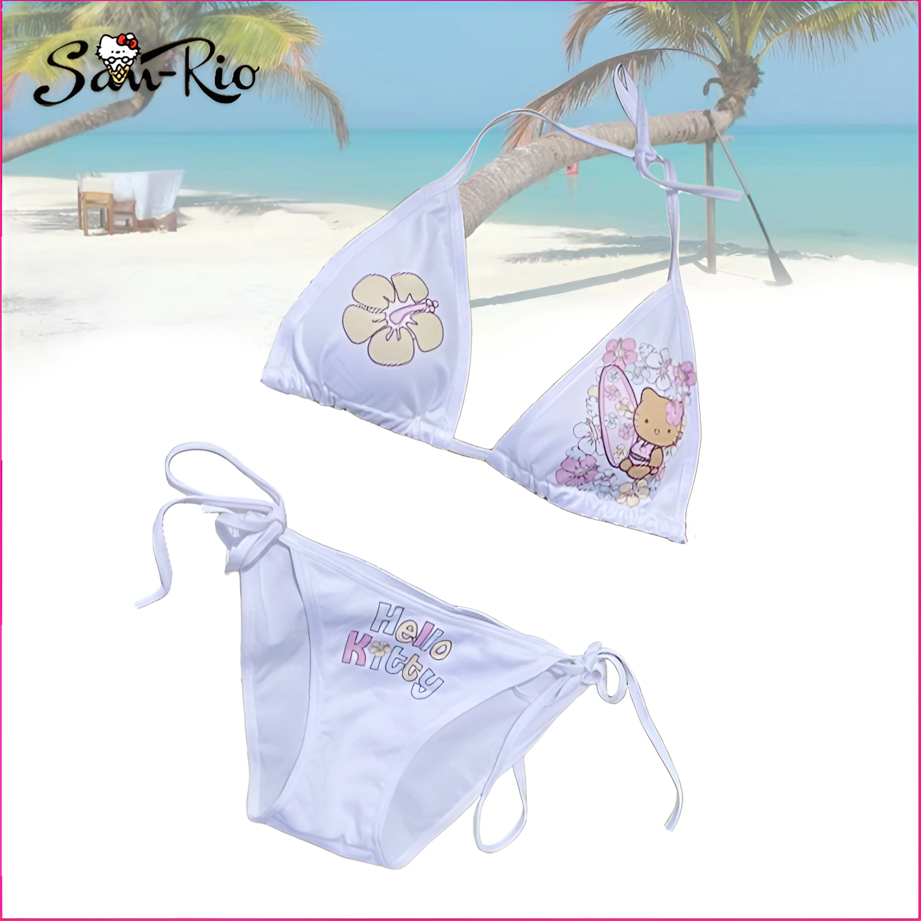 

Hello Kitty Women Summer Swimsuit Set Miniso Cartoon Female Swimsuits Split Strap Adjustable Girl Swimwear 2024 Sexy Bikini