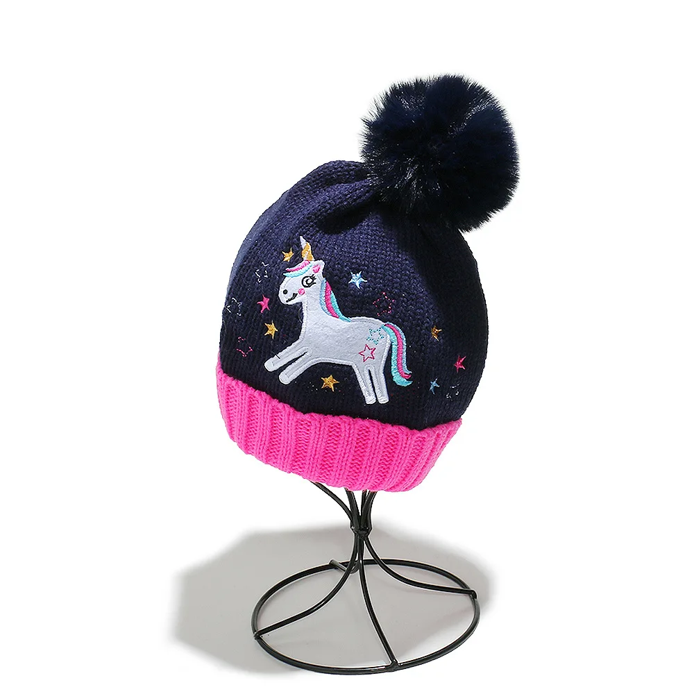 2-8T Baby Hat Big Pompom Beanie with Unicorn Wool Plush Children Knitted Cap for Girls Boys Winter Thick Warm Kids Accessories