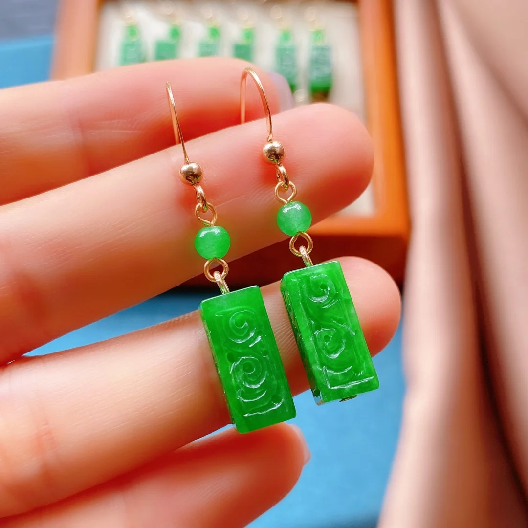 

Natural Emerald Dry Green Jade Geometric Cube Column Earrings 14K Gold Hook Women Jewelry Kolczyki Damskie Orecchini Donna