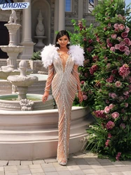 Sexy Deep V-neck Prom Dress Shiny Beads Crystal Cocktail Gown Luxury Feathers Pearls Wedding Dresses Customized Robe De Mariée