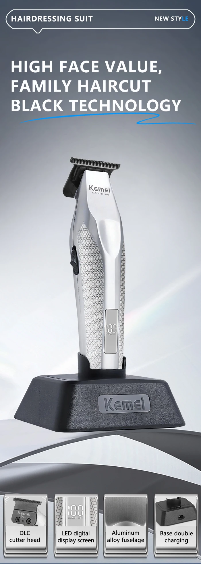 Kemei 3023-702 Schnurloser Haarschneider mit Null Lücken, professioneller Haarschneider für Männer, Friseur, wiederaufladbare Finish-Haarschneidemaschine – Detail 1