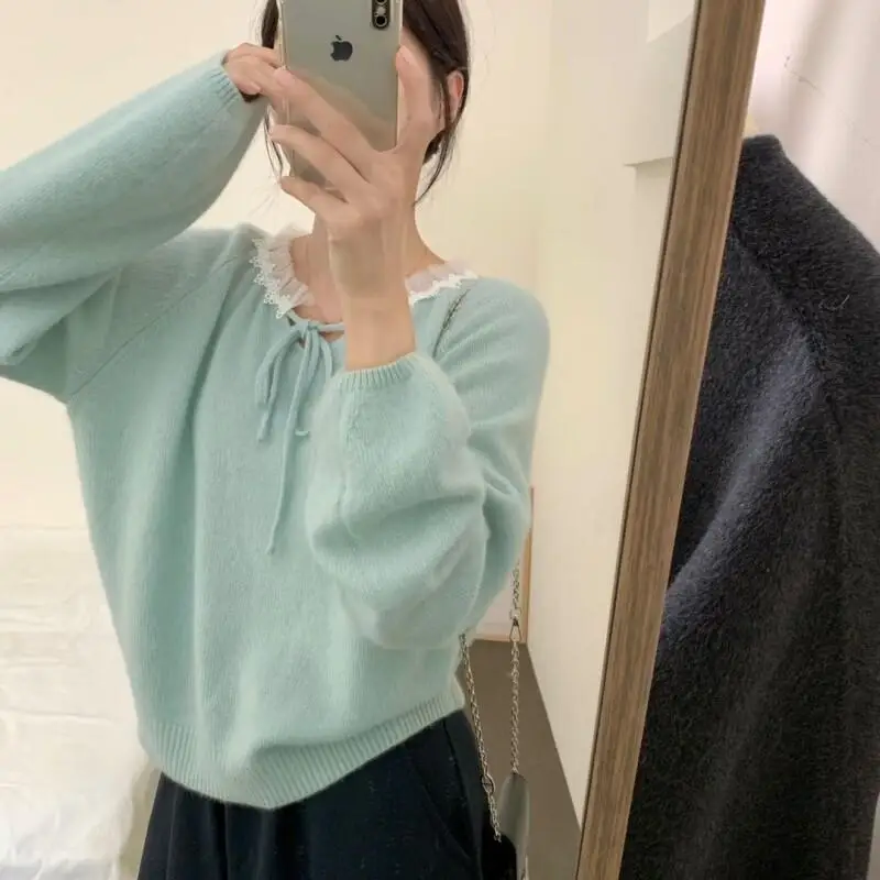 

Fashion Lace Patchwork Sweater Long Sleeve Knitted Top for Women New Casual Versatile Soft Cotton Knit Sweater Spring and Autumn