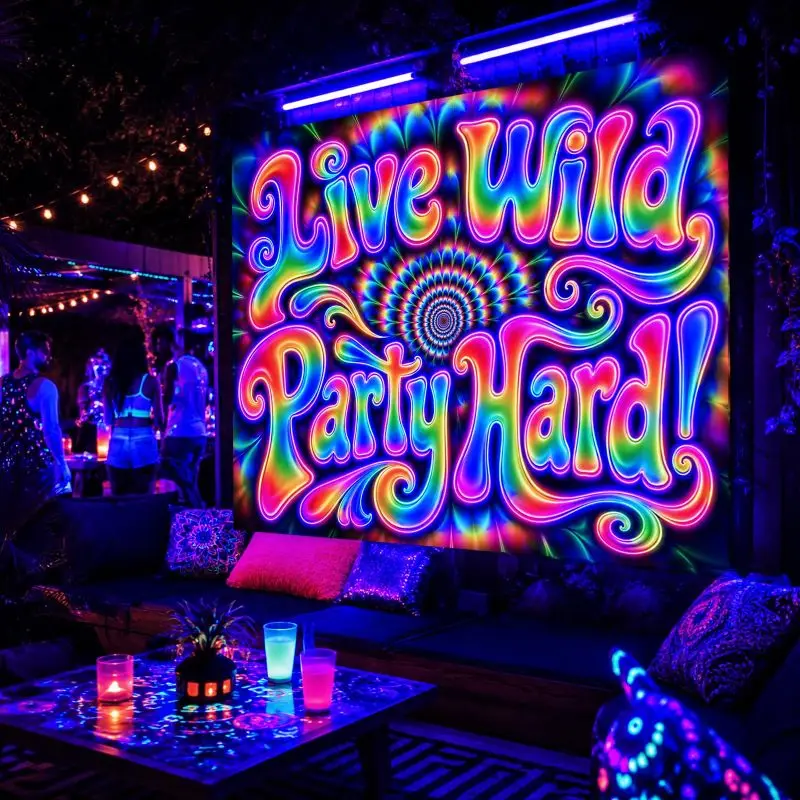 VIKAMA Live Wild Party Hard Neon Quote Wall Tapestry Rainbow Fluorescent Text Psychedelic Spiral Background Glow Bedroom Living