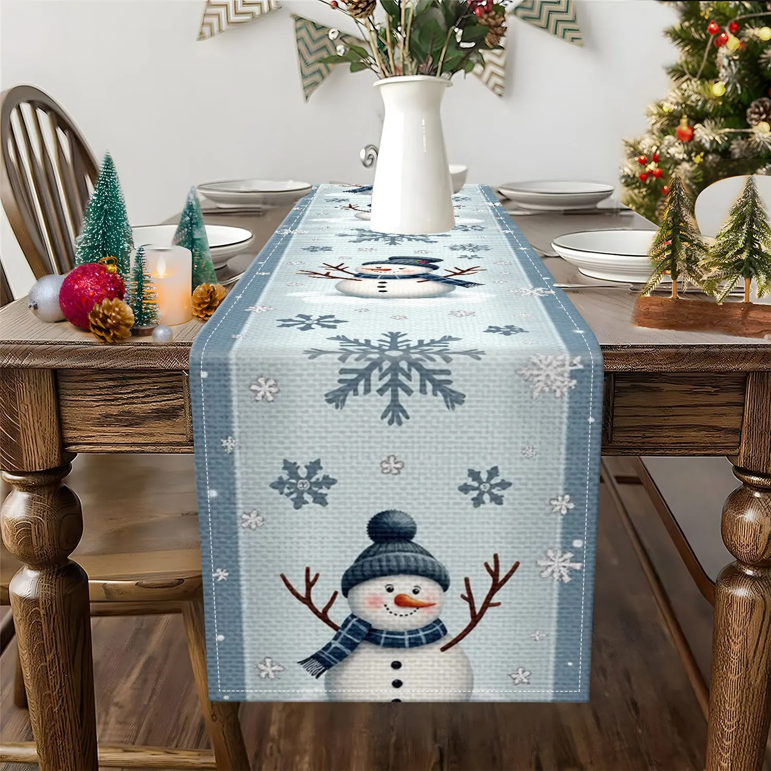 Christmas Snowman Snowflake Linen Table Runner Party Decor Reusable Winter Xmas Kitchen Dining Table Runner Christmas Decoration