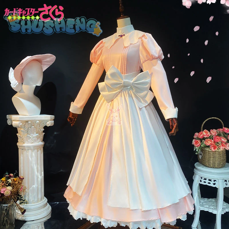 CCS KinomPain Sakura Anime Cosplay Costume pour fille, robe Lolita rose, accessoires de chapeau, chaussettes, tenue cadeau de Noël, Cardcaptor