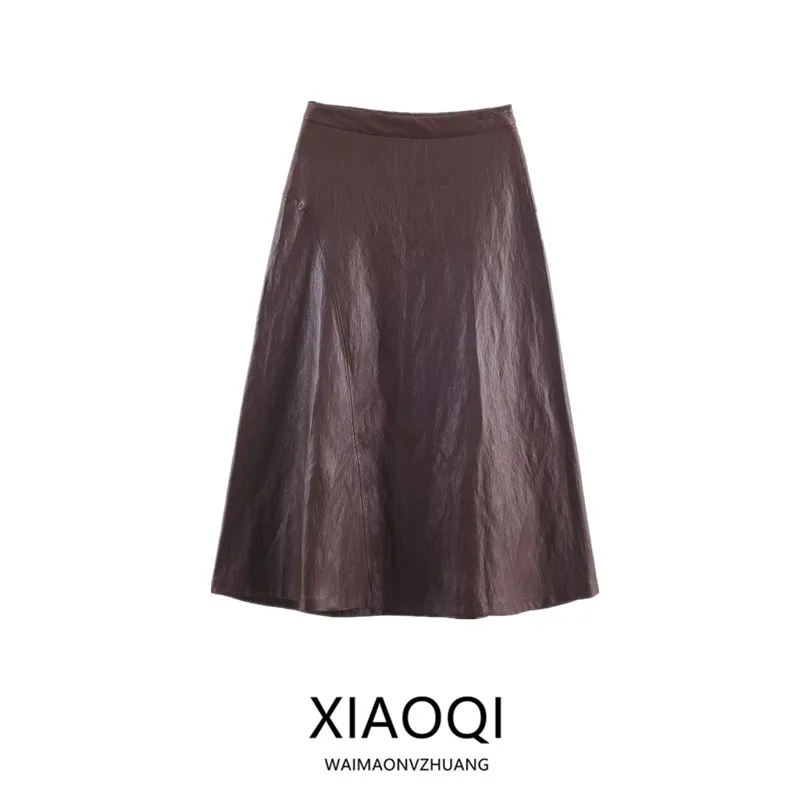 

Leather Effect Belted Midi Skirt Versatile Autumn Winter New Women's Faion Simple Sle A-Line Loose Fit Casual Skirt