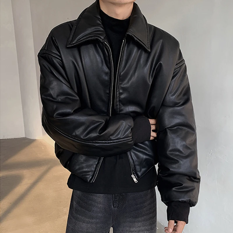 FEWQ Short Shoulder Men PU Leather Cotton Jacket Solid Color Turn-dwon Collar 2024 Long Sleeve Male Tops Fashion 24E2839