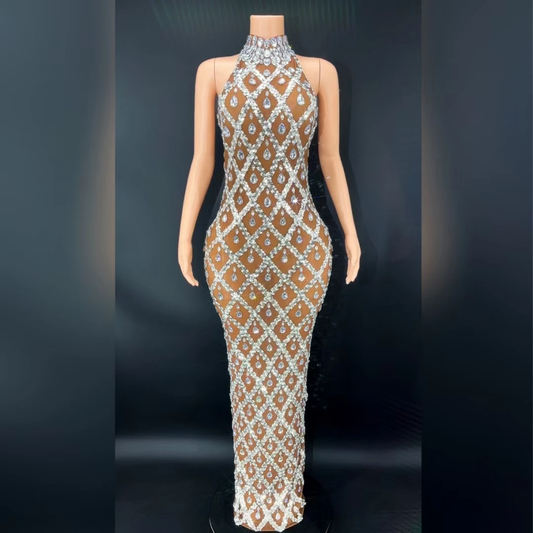 

Sparkly Crystals Sequins Luxury Long Dress Women Evening Dress Party Birthday Gown Dress Sexy Mesh Transparent Show Stage Wear