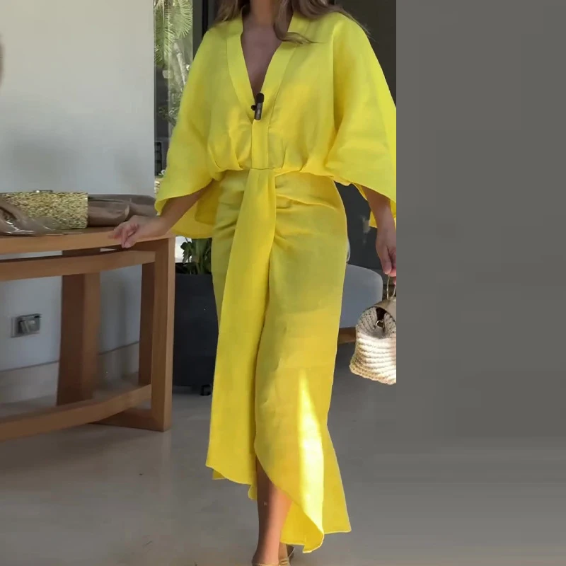 2025 Women Banquet V Neck Office Long Dress Summer Long Sleeve High Waist Party Dress Casual Solid Color Tie-up Female Dress