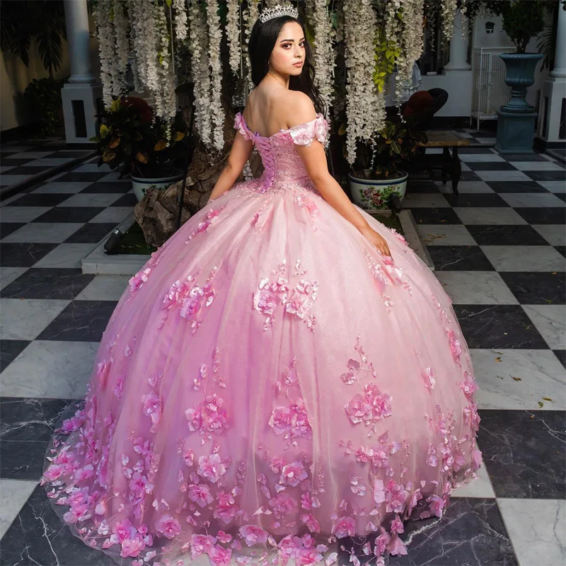 2023 Pink Ball Gown Quinceanera Dresses 3D Flower Handmade Pearls Vestidos De 15 Años Corset For Birthday Dress