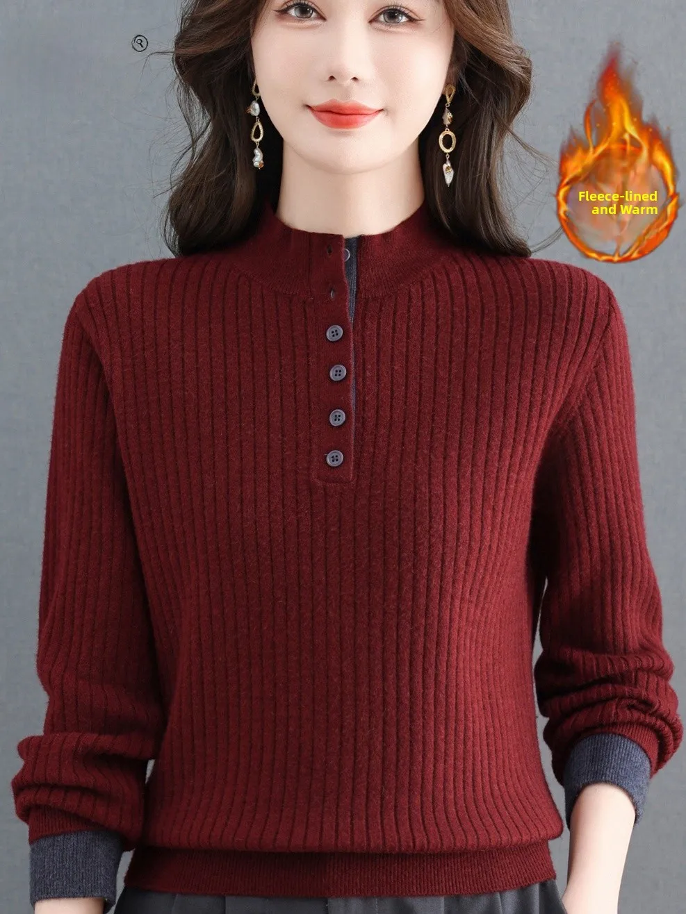 

Thickened Knitted Base Shirt Half Open Button Half High Collar Women's Fashion Autumn Winter Warm Mom's Style Versatile Sweater
