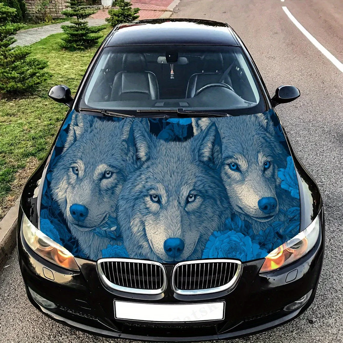 

Blue Rose and Three Wolves Car Engine Hood Decal, Auto Cover Vinyl Wraps Sticker, Gift for Car Lovers, Anti-scratch PVC Car Pack