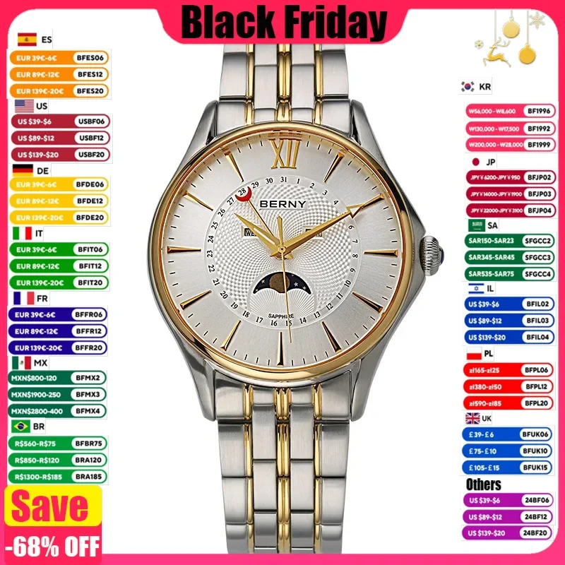 Men Watch Luxury Stainless Steel Moon Phase Wristwatch Waterproof Sports Simple Dial Calendar Miyota Quartz Watches for Men 2022