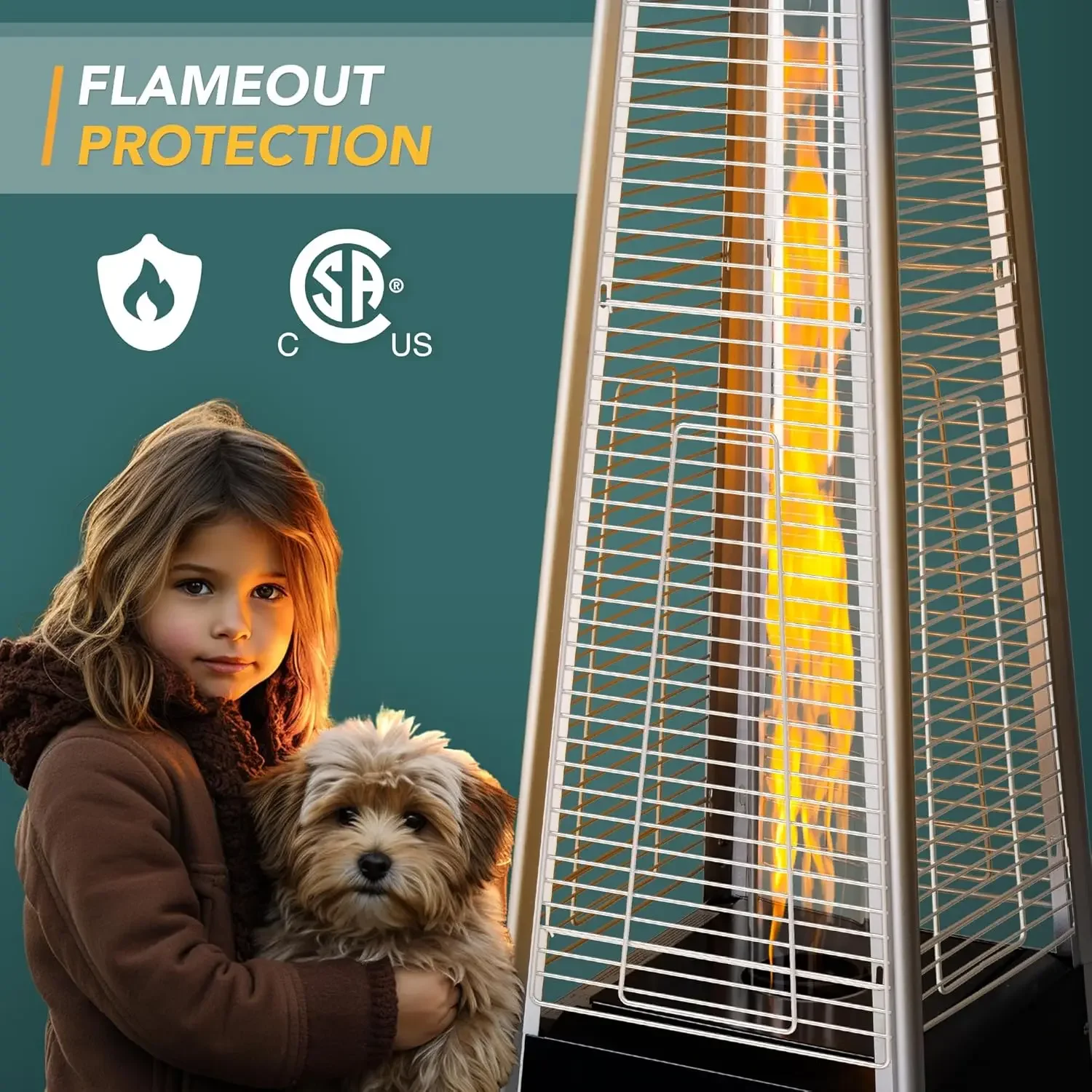 Patio Heater with Cover, 48,000 BTU Pyramid Flame Outdoor Heater Quartz Glass Tube Propane Heater