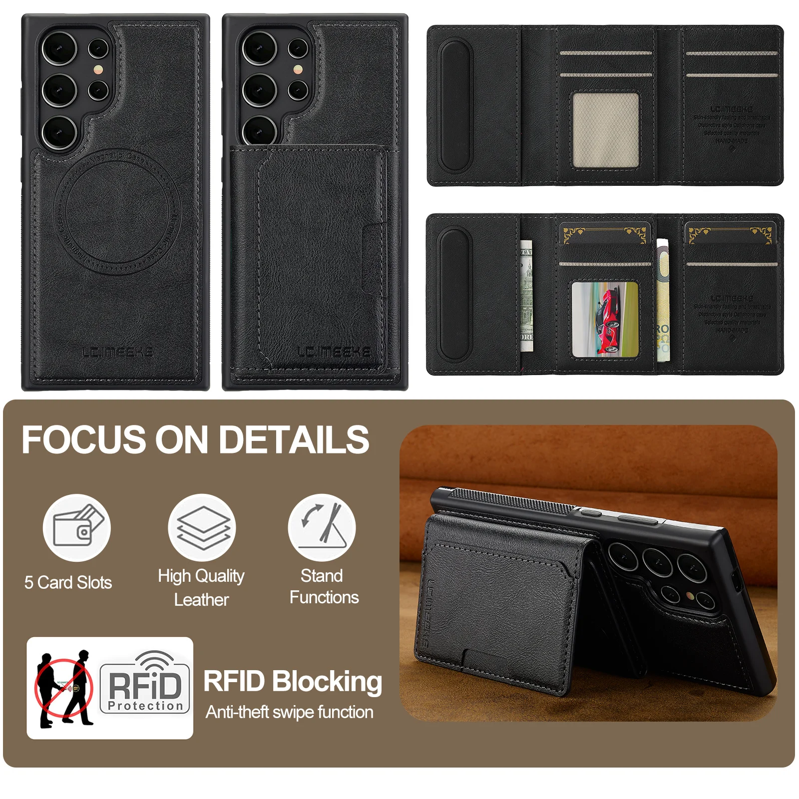 LC.IMEEKE L5 For Samsung	Galaxy S25 Ultra Magnetic Case Leather Back Cover with Detachable Card Holder - Black
