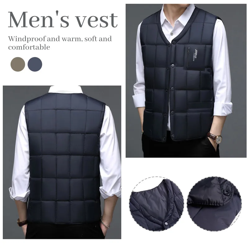 Heren Winter Warm Mouwloos V-hals Knop Lichtgewicht Vest Casual Tops Vest Ultralicht Katoenen Donsvest Jas