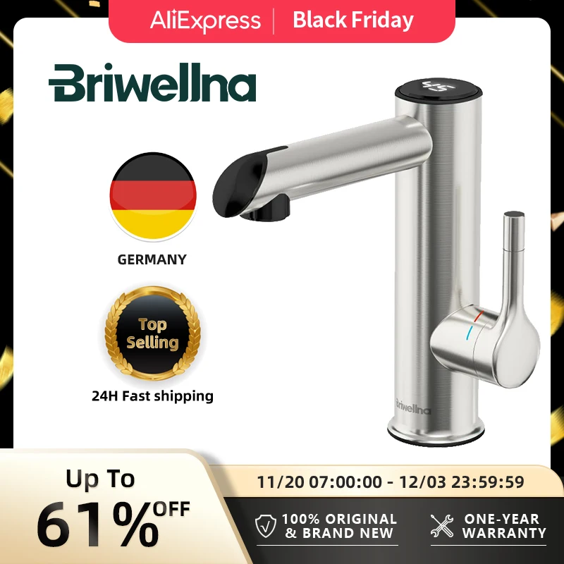 Briwellna Bathroom Electric Faucet Stainless Steel Hot Water Tap 220V Mini Water Heater Instant Hot Water Faucet 2 in 1 Mixer