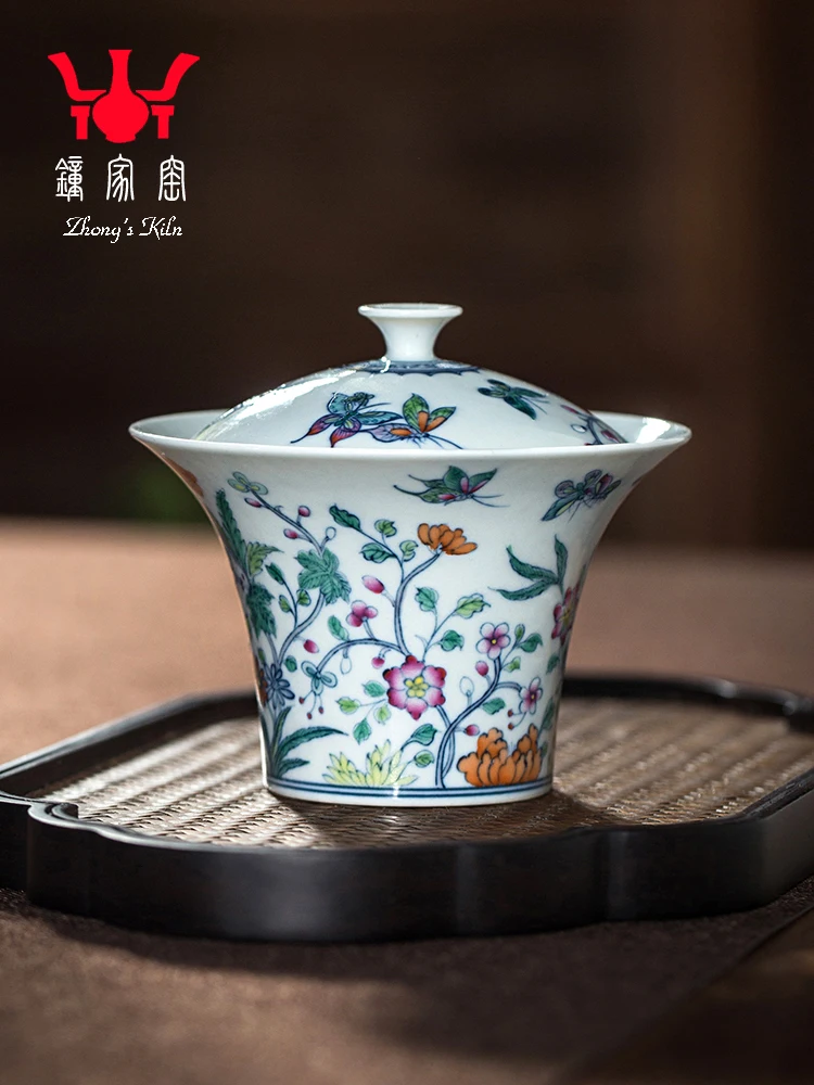 Zhongjia Kiln Lid, Tea Cup, Jingdezhen Hand-painted Blue And White Doucai, Spring Blossom, High Grade Single Two Talent Lid