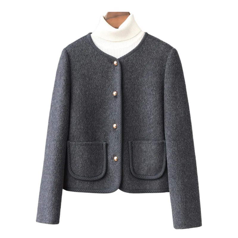 

New Spring 2025 10% Mulberry Silk 10% Camel Velvet Round Neck Wool Double Sided Coats for Women