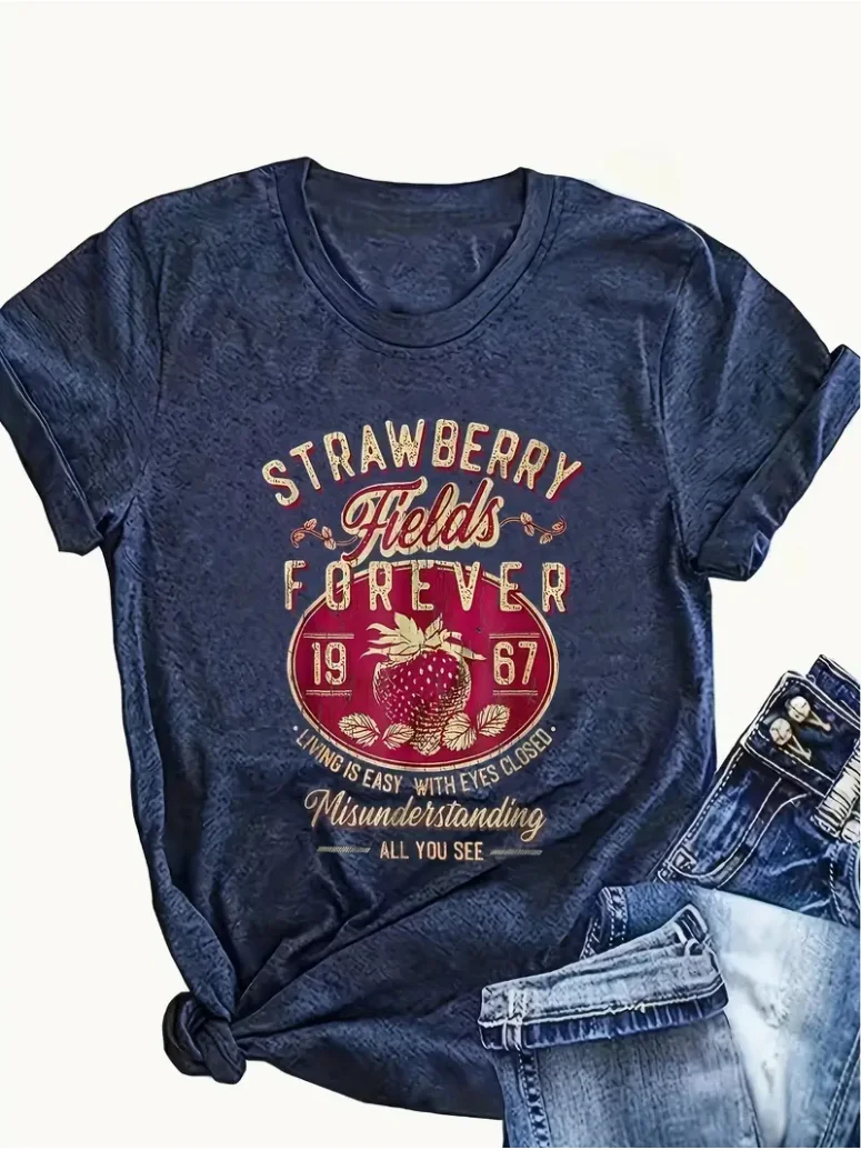 Plus Size Women's Vintage Strawberry Graphic T-Shirt, Stretchy Casual Tee with Retro Lettering & Fruit Print