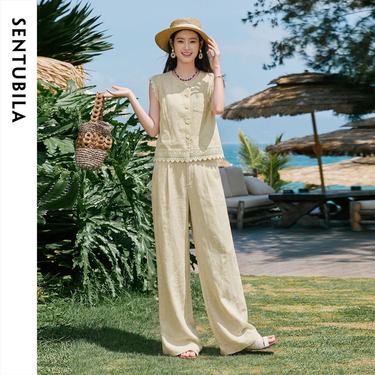 Linen Pant Wide - SENTUBILA Women's Khaki Casual Suit 2026