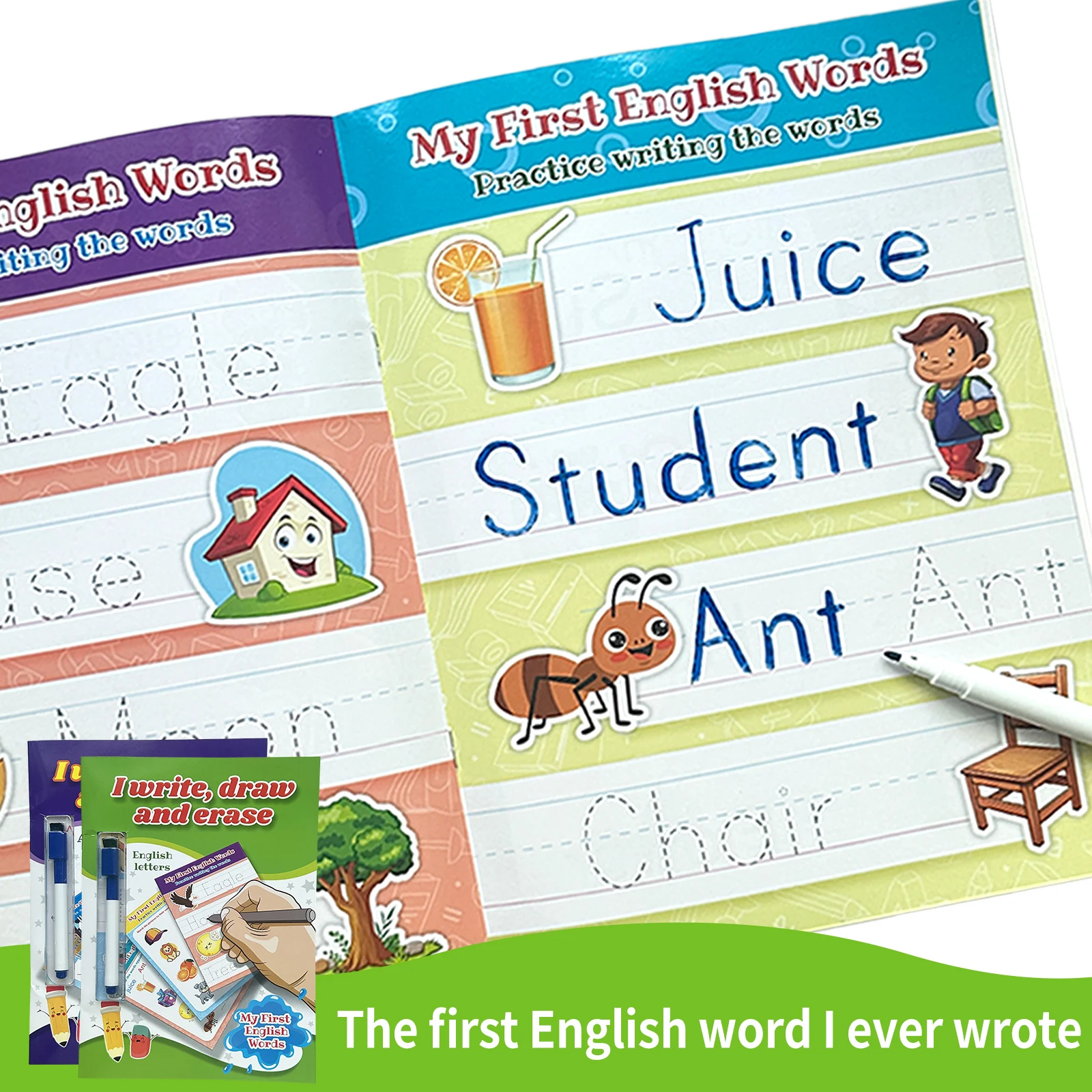 Children's English Word Book, Ages 3-6, Word Tracing & Animal Connections, Erasable Pen, Reusable, Early Learning Gift