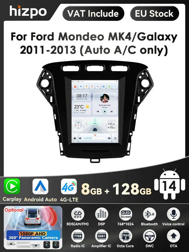 Hizpo Android Autoradio für Ford Mondeo MK4 / Galaxy 2011-2013 Multimedia Video 2Din 9,7 4G Carplay Navigation HeadUnit Stereo