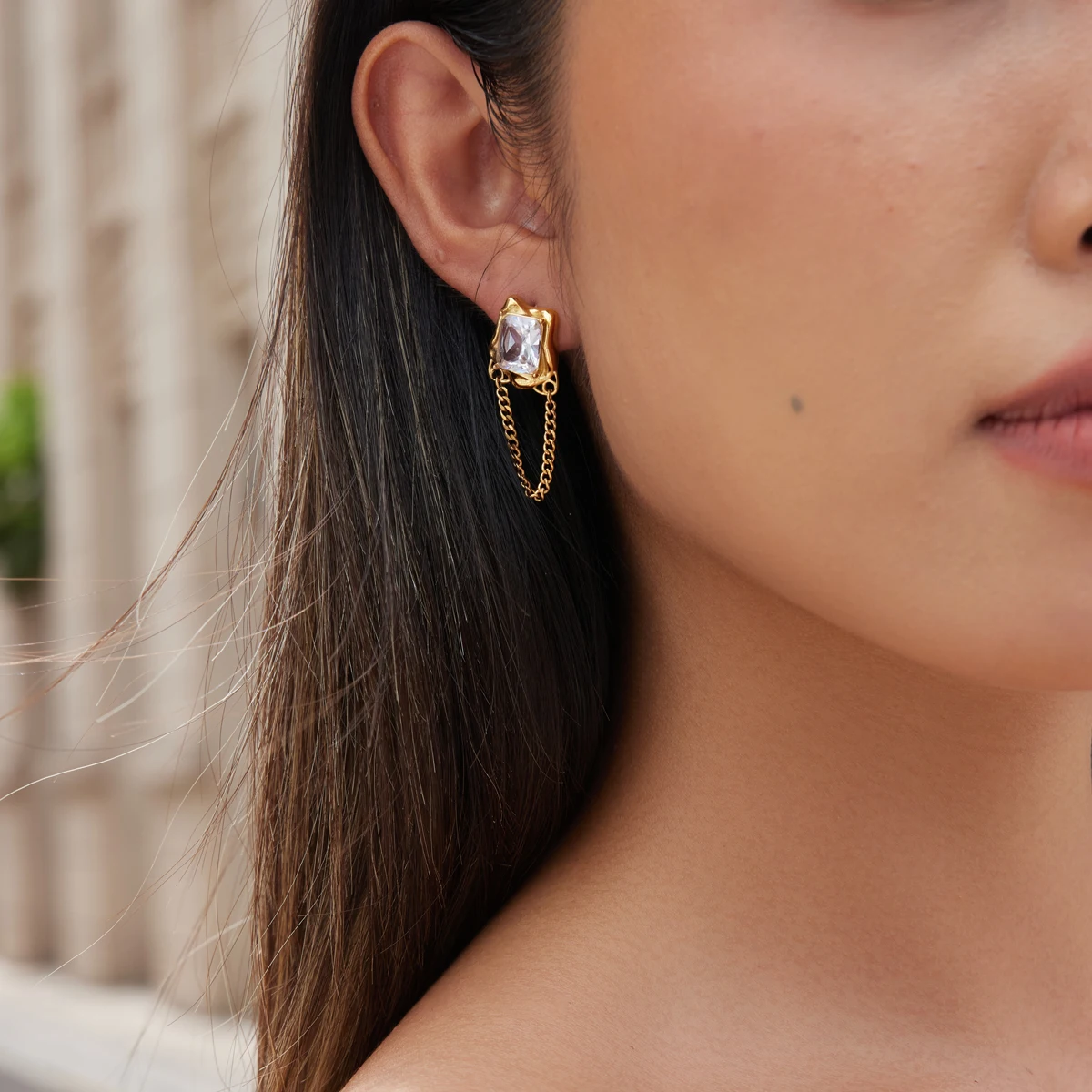 Yori White Zircon Hammered Irregular Chain Earrings Minimalist Metal Fashion Pvd Gold Color Jewelry Women
