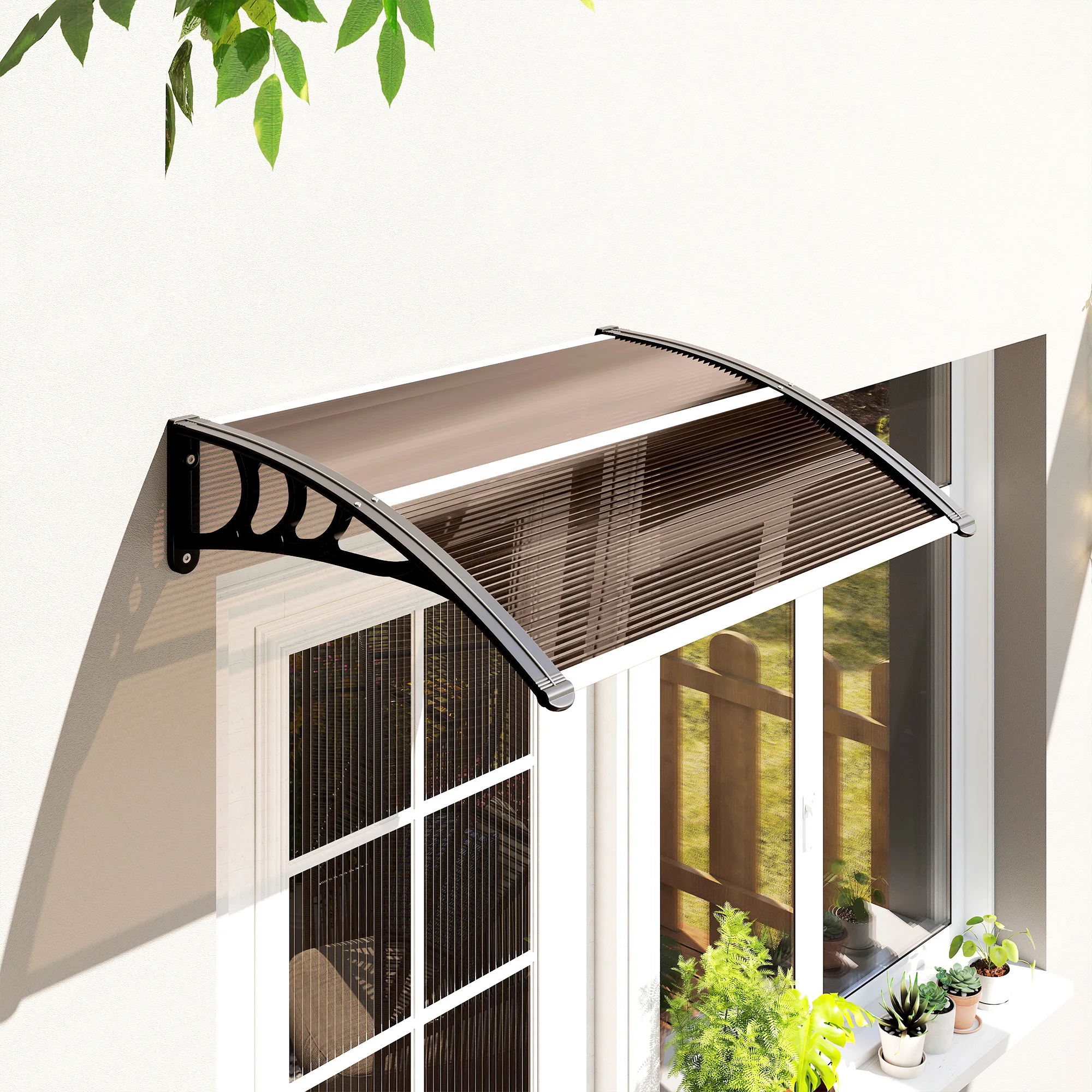 Outsunny Pensilina Da Esterni Impermeabile E Anti-Uv Con Lastra Ricurva, Tettoia In Policarbonato Alluminio E Polipropilene, 75X120X23 Cm, Marrone E Nero