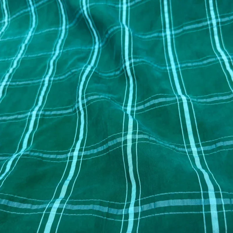 Dark Green Plaid Check Crinkled Sandwashed Lyocell Fabric Women Summer Daily Casual Vintage Dress Shirt Pants Skirt Wear Fabric