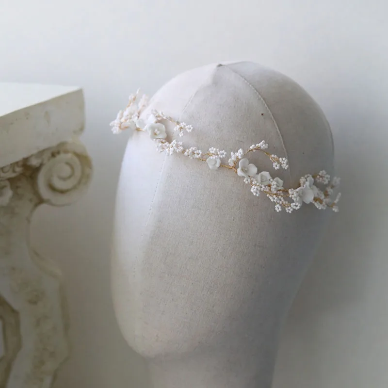 Floralbride Handmade Rhinestones Ceramic Flower Crystal Pearls Bridal Headband Hair Vine Wedding Hair Accessories Women Jewelry