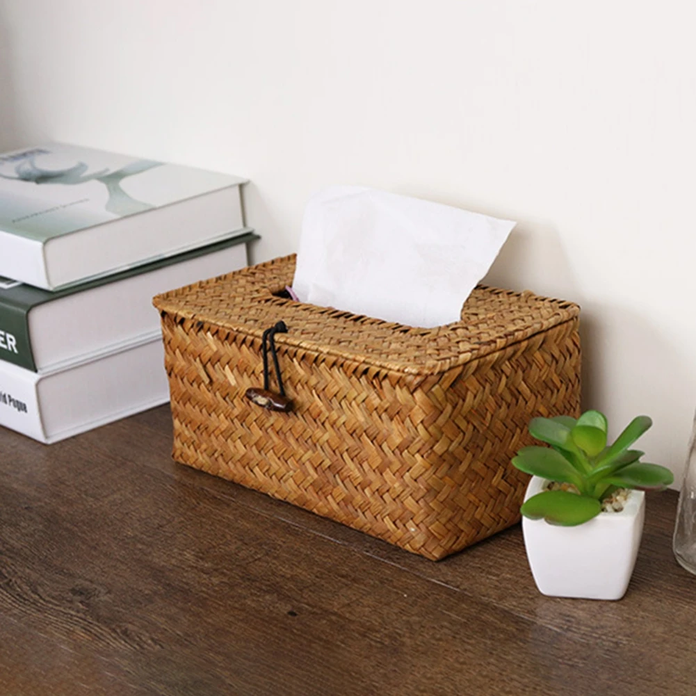 Rattan Wicker Woven Paper Storage Box Tissue Box Tissue Holder Napkin Cover Napkin Dispenser Square Seagrass Desktop Decor