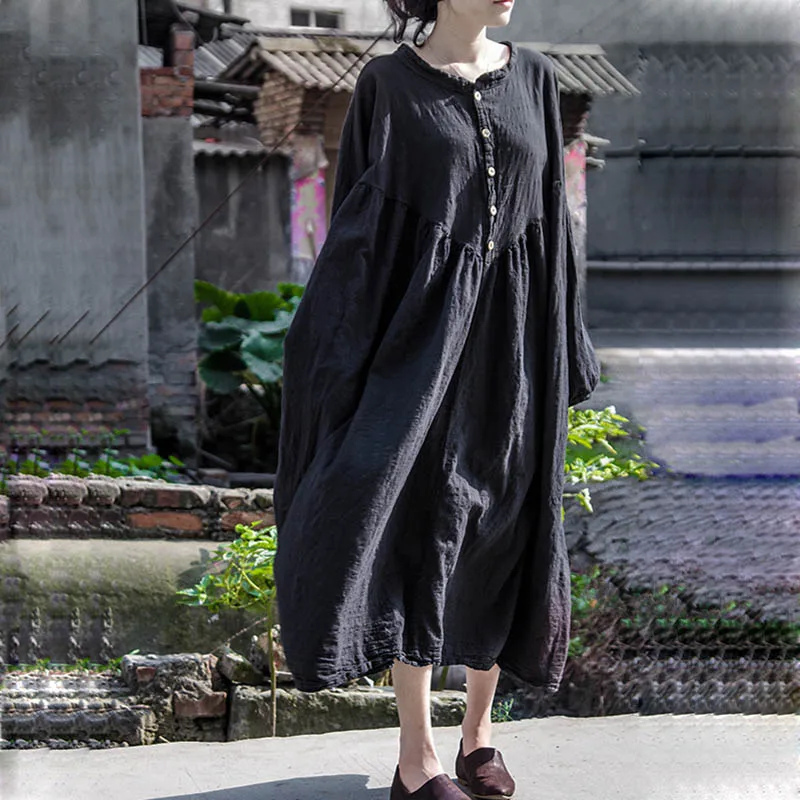 Original Design Bat Sleeved Long-Sleeved Dress Loose Version Literary Cotton Linen Plus-Size Women's Long Skirt Early Autumn