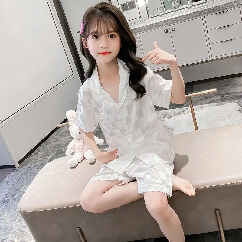 Girls Summer Short Sleeve Collared Pajama Set Loose Fit Ice Silk Loungewear Air Conditioning Home Wear