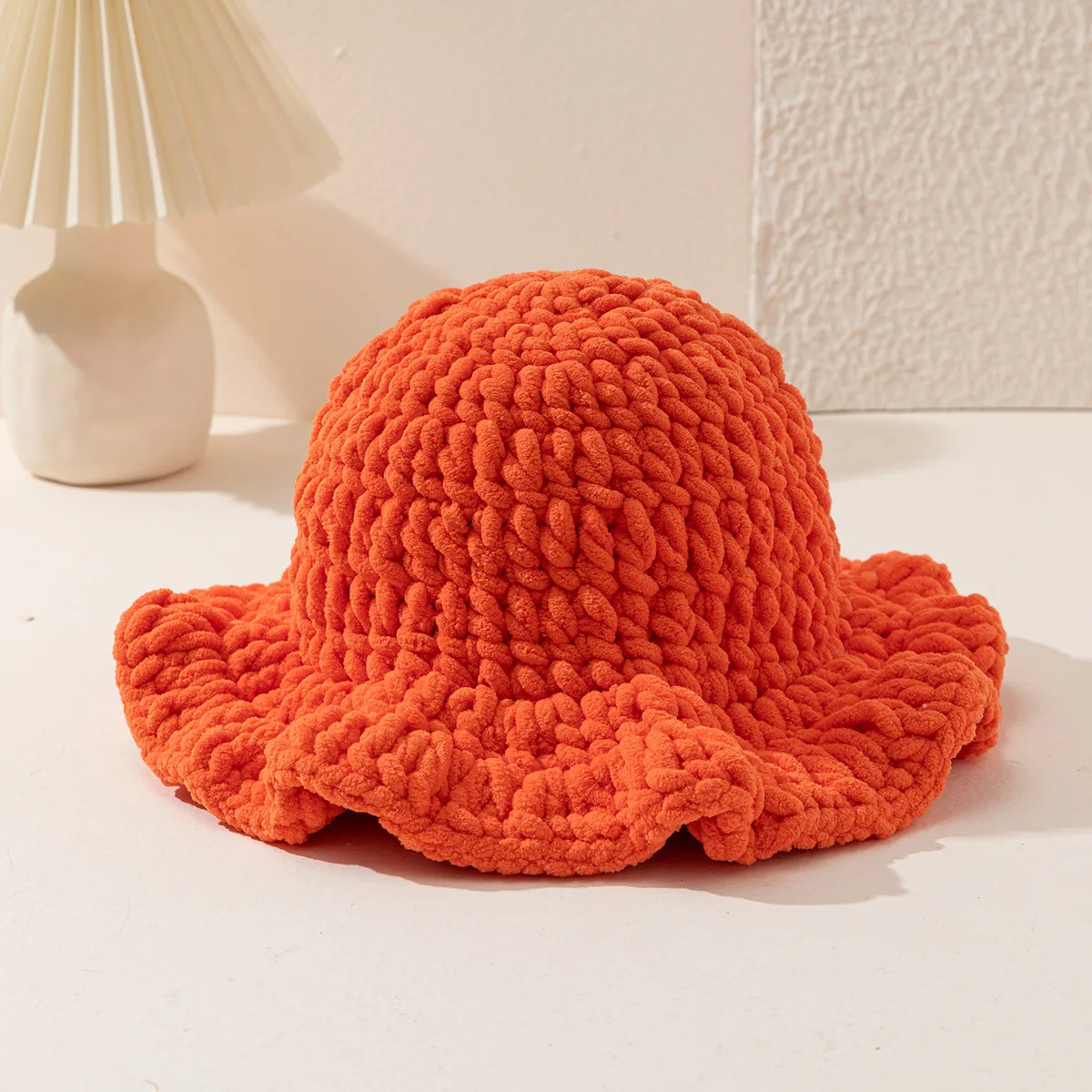 Wool Knitted Bucket Hat for Women, Winter Warm Thick Beanie, Handmade Chunky Yarn Wave Edge Cap