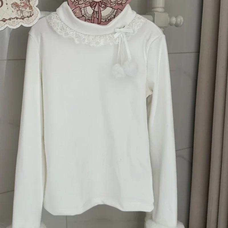 Sweet Lace Ruffles Ropa Mujer 2026 Clothes Woman Fur Pspliced Long Sleeve Pulls Femmes Y2k Clothing Japan Kawaii Lolita Pull
