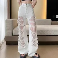 Sexy Lace Design Denim Pants High Waist Straight Leg White Wide Leg Pants for Women Spring Early Season Hole Punching