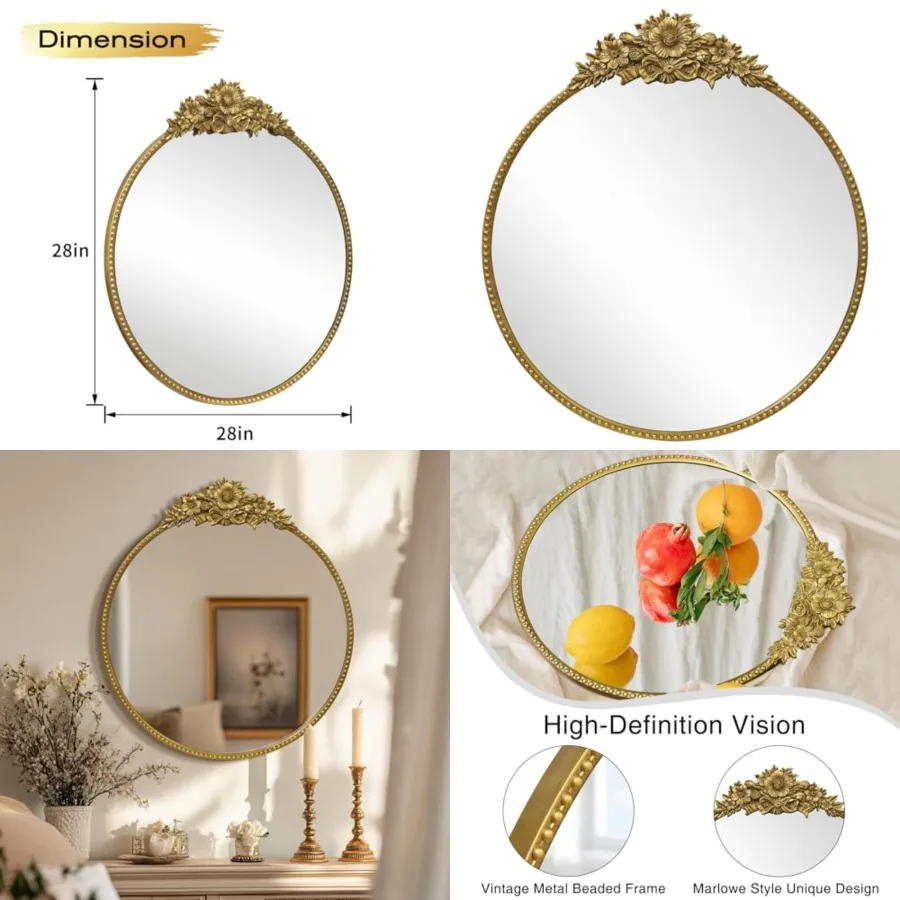 

Vintage Round Mirror, 28" Baroque Style Circular Mirror, Antique Metal Frame Wall Mirror, Traditional Art Home Decor for Dressi