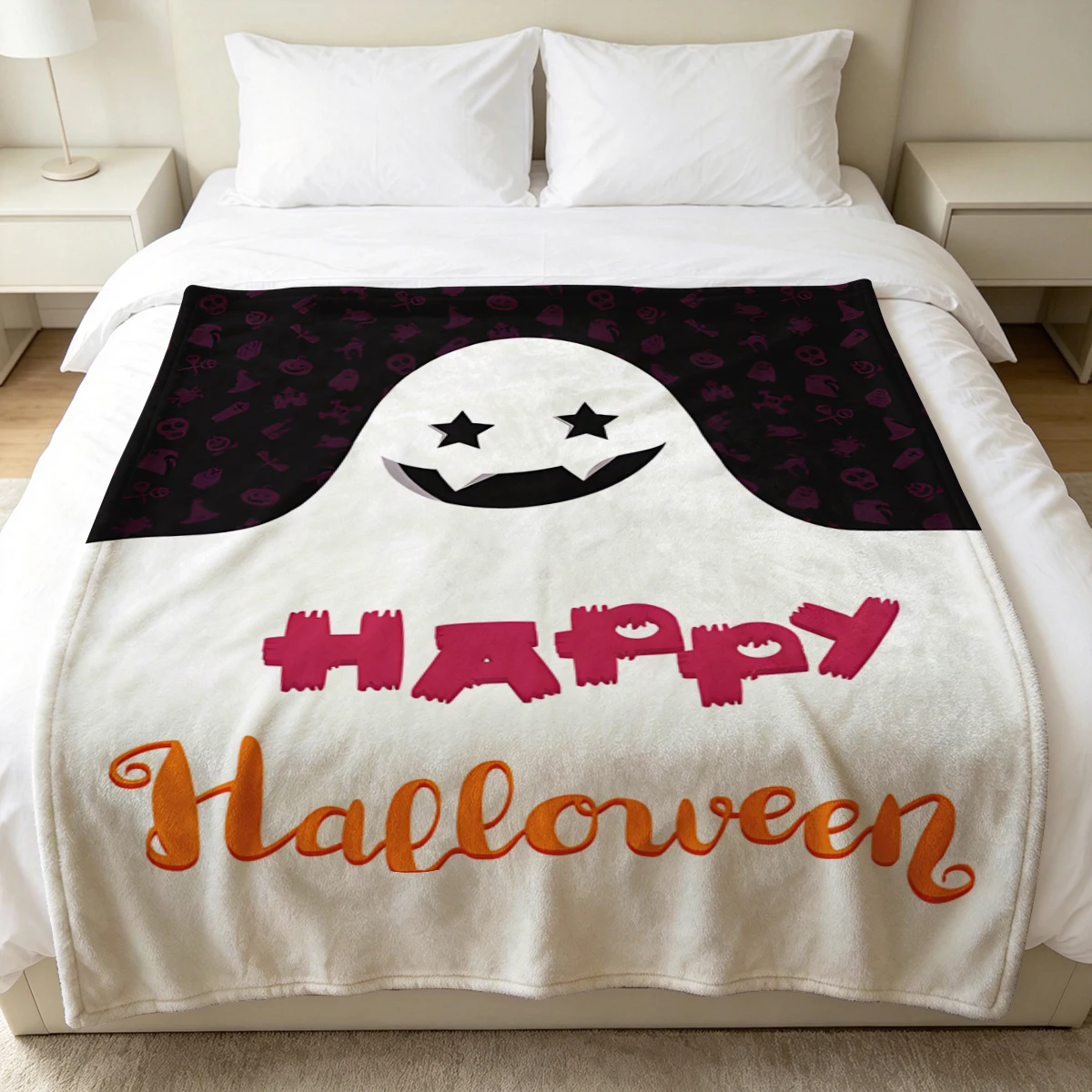 White Ghost Star Eyes Soft Fluffy Flannel Blanket Super Cozy Lightweight Bed Blanket for Halloween Sofa Bed Christmas Decor