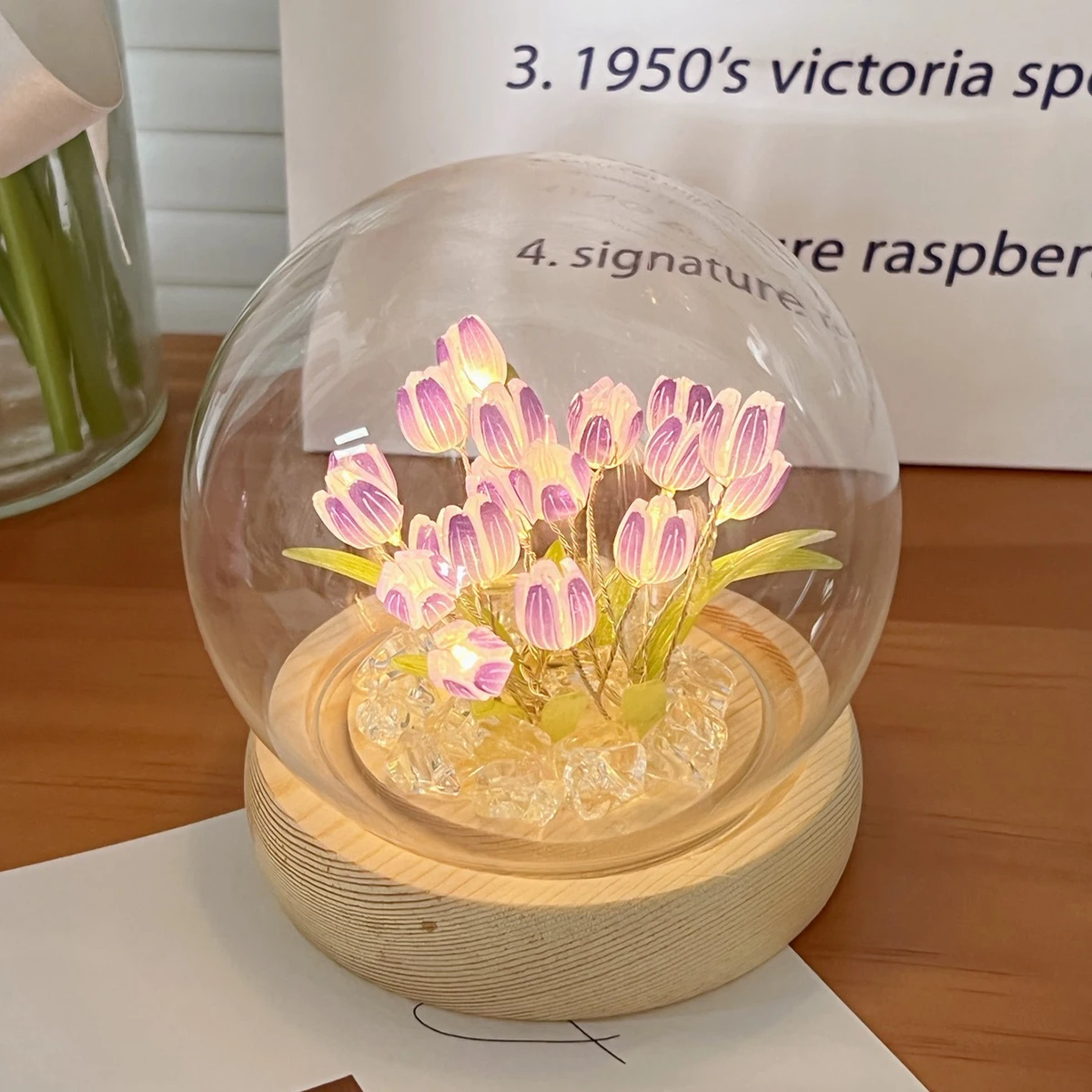 Fusehome Luz Nocturna De Tulipán Rosa, Luz Nocturna De Flores Para Bricolaje, Regalos Hechos A Mano, Flor De Simulación, Lámpara De Dormir Para Dormitorio, Lámpara De Decoración De Flores De Cristal