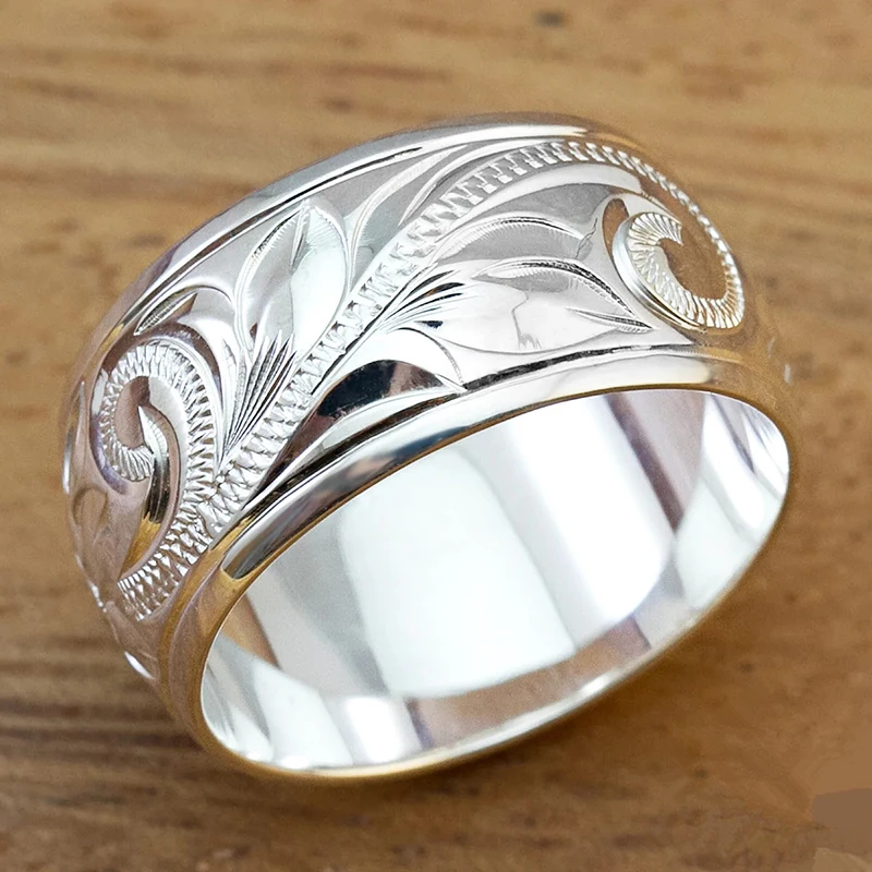 Huitan Carved Floral Flower Pattern Wide Ring for Women Silver Color Trendy Female Finger Accessories Fashion Versatile Jewelry