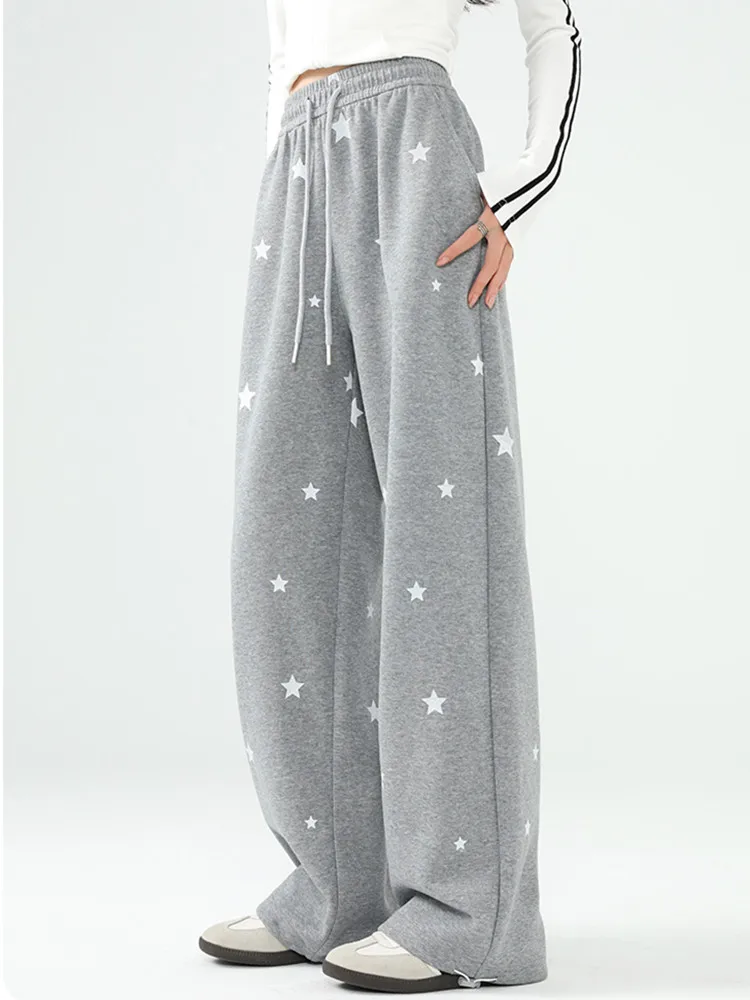 Autumn Winter Women High Waist Long Pants High Quality Five-pointed Star Print Wide Leg Loose Fit Pants Casual Sweat Trousers