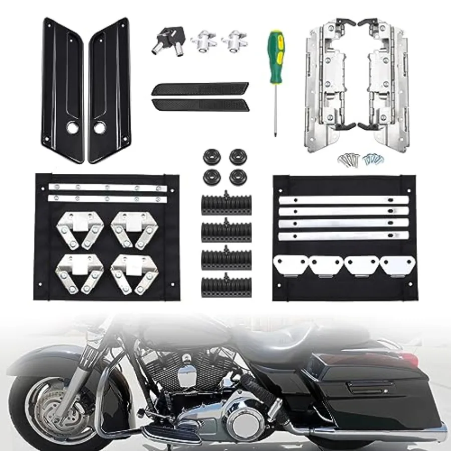 Saddlebag latch hardware kit for Harley Touring 1993-2013: black reflectors, rubber cushion, durable metal locks set for hard b