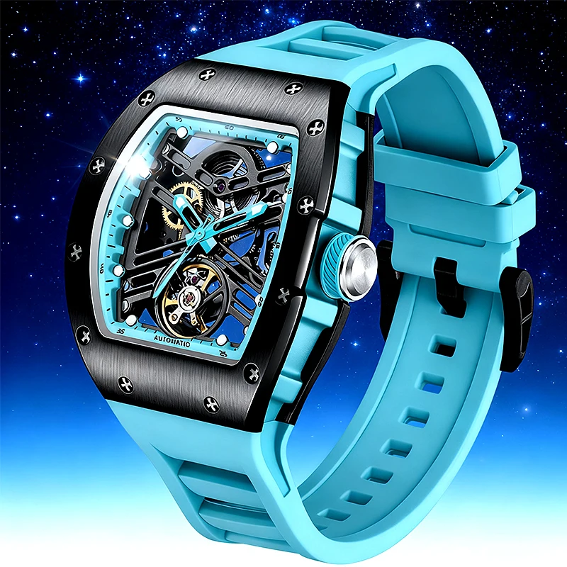 Watch+Box Tonneau Original Montre Homme Brand Hollow Out Skeleton Automatic Wrist Watches Valentine Gift for Husband Wife