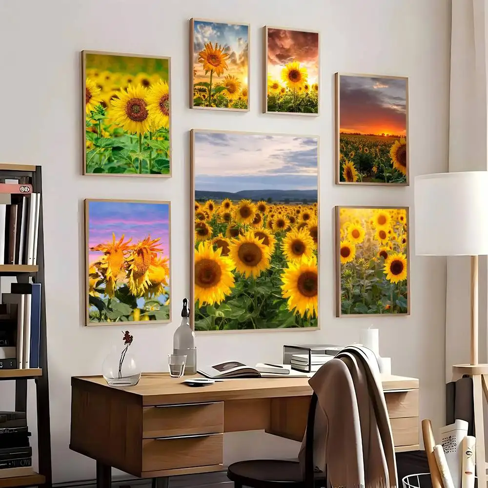 Retro Sunflower Field Posters Living Room Bar Cafe Quality Canvas Vintage Style Comics Painting Art Home Wall Decor Picture