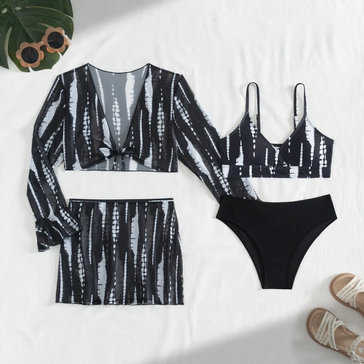 

Girls 4pack Black White Bikini Sets with Beach Skirt&Long Sleeve Crop Top Kids Swimsuit 7-12 Years Children's Swimwear Beachwear
