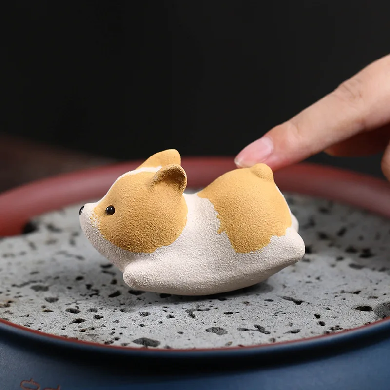 Purple sand tea pet dog corgi small ornament handmade tumbler small feiji tea play tea set accessories home decoration